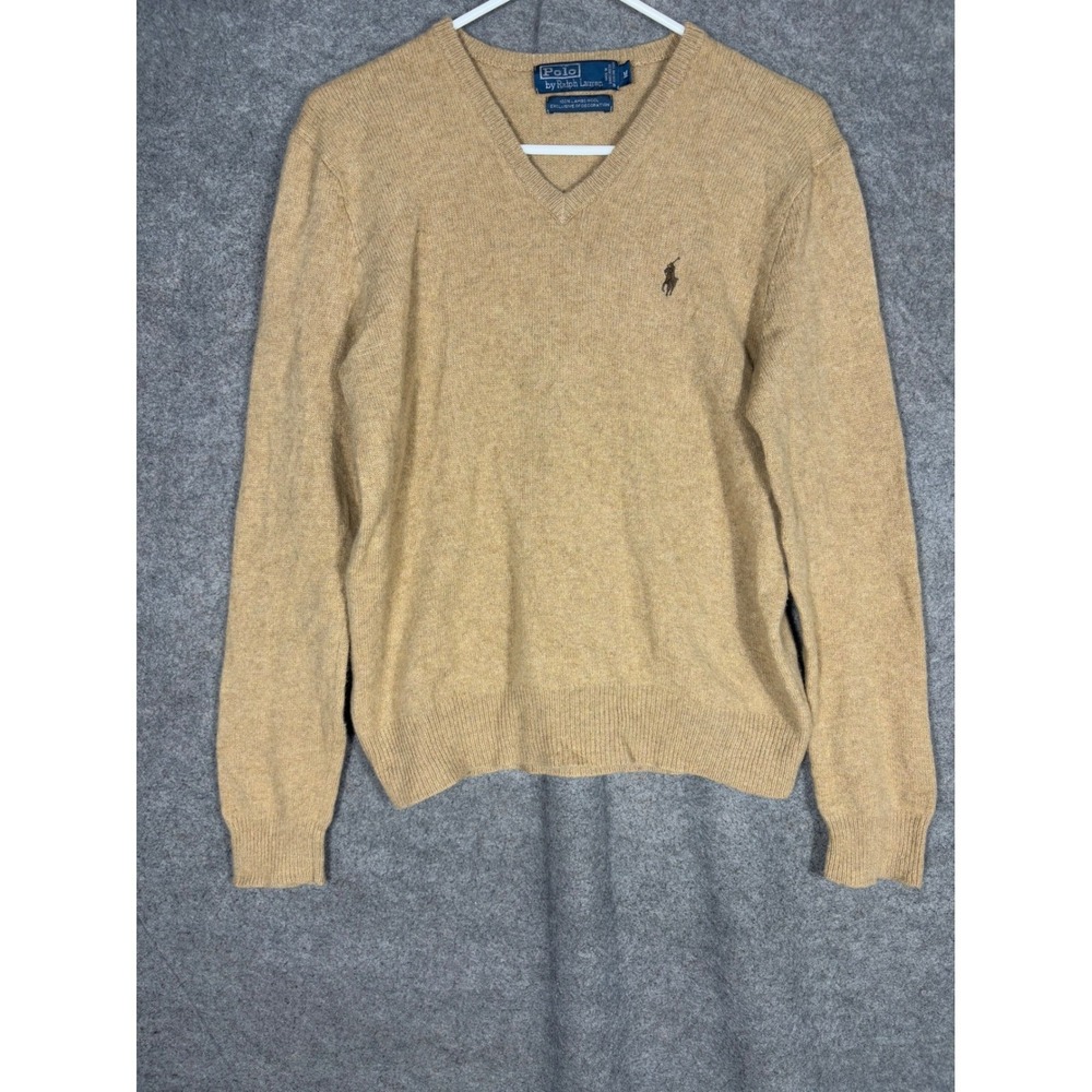 Polo Ralph Lauren Men Tan Lambswool V-Neck Sweater Italian Yarn Pony Logo Medium